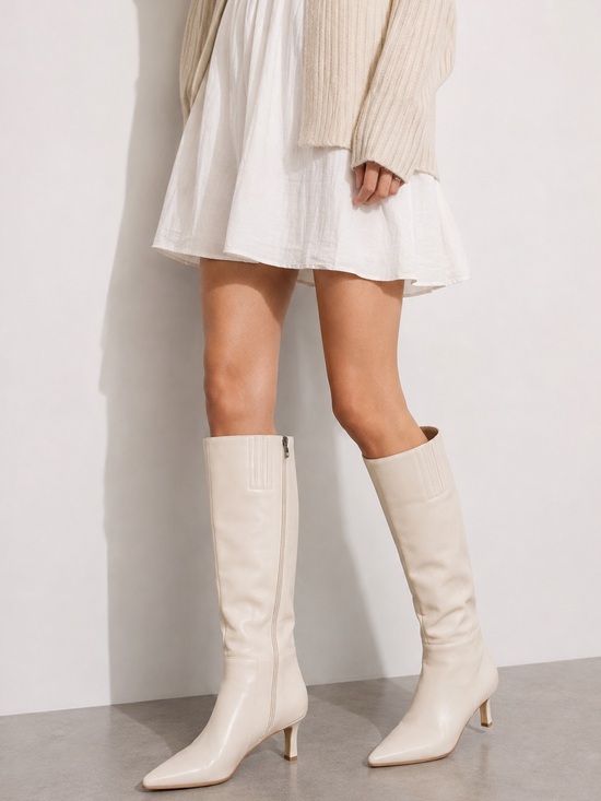 Shoes - Knee High Pointed Toe Low Kitten Heel Cream Ecru Boots